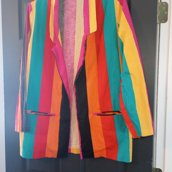 80s Jungle Jacket Retro Striped Open Face Blazer Vibrant Rainbow Aesthetic  VTG - Picture 2 of 8
